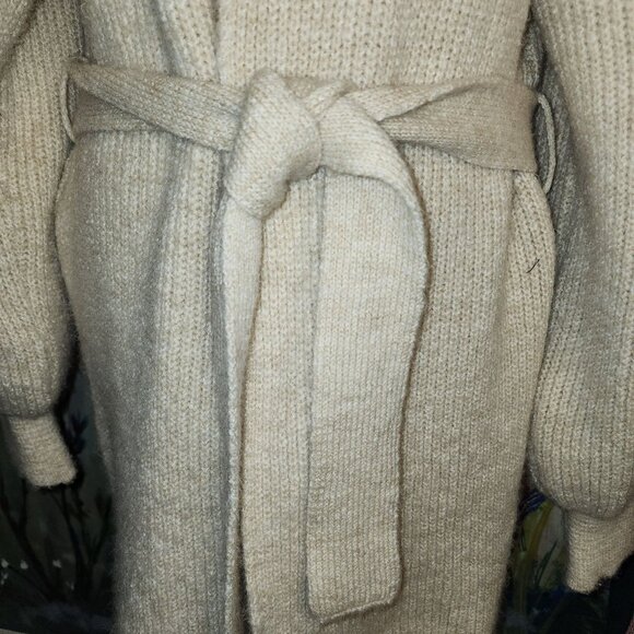Wool Knit Beige Long Cardigan Sweater With Tie Belt - Picture 6 of 11